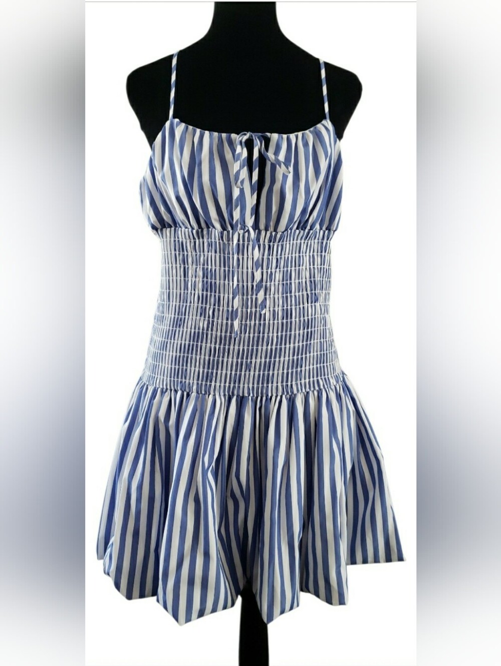 Coastal Striped Mini Sundress Resort Balloon Smocked Milkmaid Preppy New Medium